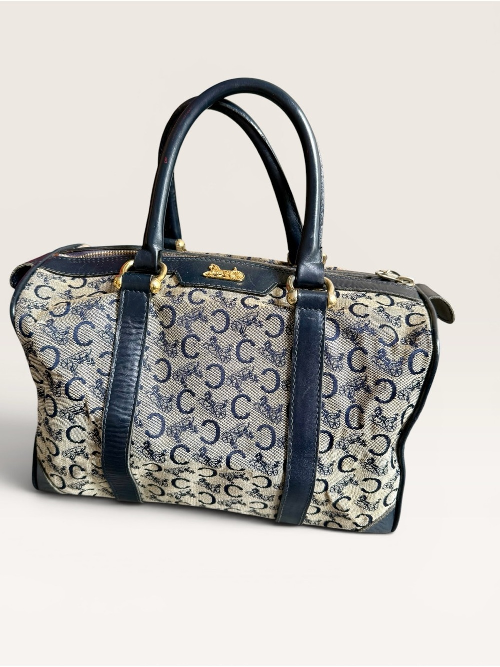 Celine Vintage Navy Leather Trim Monogram Satchel with Navy Blue Leather Lining - Picture 1 of 16